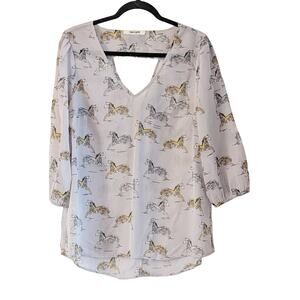 Daniel Rainn Horse Print Sheer V-Neck Blouse L Equestrian Gray Whimsical